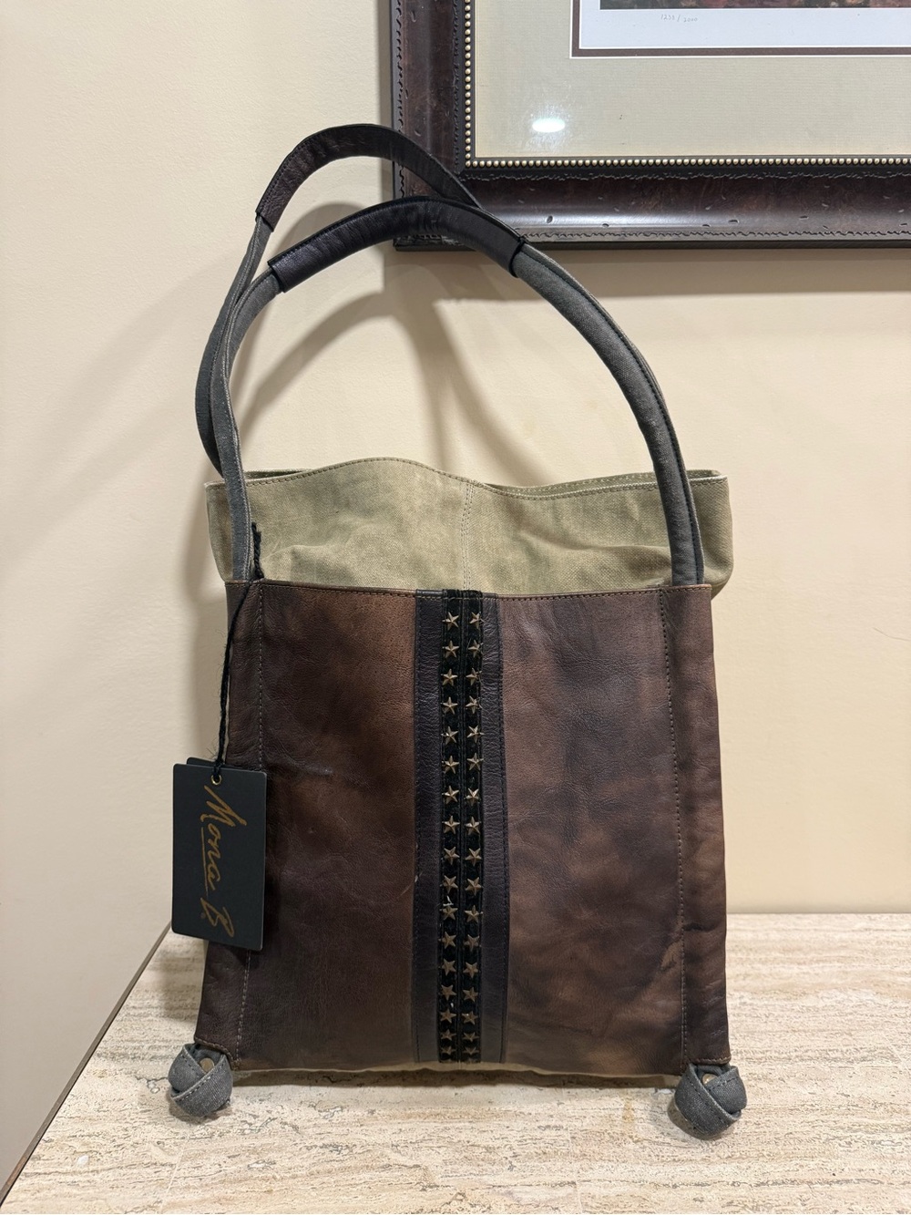 Mona B Brown and Tan Leather & Canvas Tote with Star Stud Trim